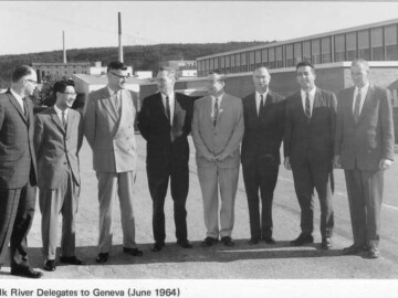L-R : L-R, T. Church, G. Pon, W.M. Campbell, L. Haywood, WB Lewis, D. Hurst, A. Mooradian, G. James Photo source - AECL 0038T1000