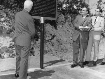 L-R Dr. C.J. Mackenzie, Dr. W.B. Lewis, L. Hopkins MP Photo source - AECL 0048U1000