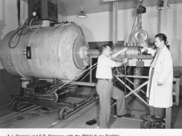 The first accelerator built for the nuclear program in Canada. It was intended for the production of neutrons needed to study the fission process in the Montreal Laboratories of NRC. It was essentially a 2 MeV X-ray machine and in 1944, when it was delivered to Montreal, it was the most powerful ever built commercially. Named “Dumbo” by the Montreal group, it was moved to Chalk River in 1946 and was used in the Health Radiation Branch to study the effects of radiation on living tissue. Photo source - AECL The first accelerator built for the nuclear program in Canada.