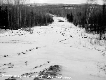 Plant Road in December 1944. While some farm tracks may have existed on the properties that were expropriated for the Plant site in 1944, nothing in the way of a road capable of handling significant traffic existed. A new road from the village of Chalk River to the Plant site was started in the fall of 1944.Photo source – AECL. 101-1000