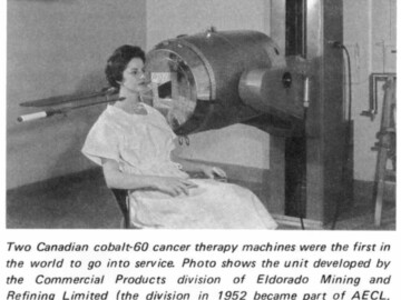 Cobalt-60 based cancer therapy units formed the backbone of the early business for the Commercial Products Division of AECL. The Division had its roots as the radioactive sales (radium) department of Eldorado Mining and Refining Ltd. which began its operations at Number Three Temporary building on Wellington Street in Ottawa. When AECL was created in 1952 the operations were transferred from Eldorado to AECL and the business, now using isotopes produced from NRX, became known as the Radiochemical Division with Roy Errington as General Manager. Plans began in 1953 for a new complex at Tunny’s Pasture that included modern hot cells and isotope handling facilities. The move to the Tunny’s Pasture facility took place in 1955.
<br /><br />
Photo source and caption – AECL Review, March 1977. 101-1000
