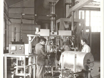 A 240 kV accelerator built for early nuclear physics studies at CRNL. Photo date unknown but believed to be pre-1947. Photo source- NRC archives A 240 kV accelerator built for early nuclear physics studies at CRN