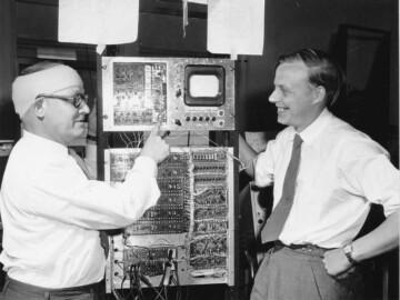 A big jump in data acquisition systems came about around 1955 with the development of stable, transistorized multi-channel analyzers. (L-R) J. Hardwick and F. Goulding are shown above at CRNL next to their 100 channel “kicksorter” or pulse-height analyzer. CRNL led the world in nuclear electronics development in this era. Ten years after this photo, industry had advanced the pulse-height analyzer development to units that had in excess of 4000 channels. 102-1000