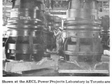 Heavy water coolant pumps for Douglas Point reactor.<br /><br />Photo source and caption- AECL Review, May 1964. 104-1000