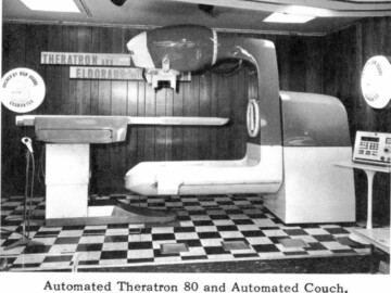 The Theratron 80 appeared in 1963 and now introduced an automated treatment procedure and automated couch.
<br /><br />
Photo source – AECL Review, April 1968. 104-1000