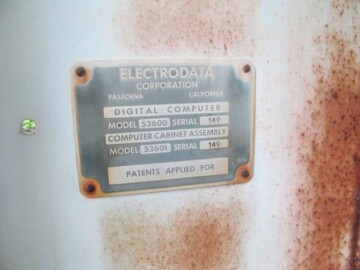 The nameplate on the CRNL Electrodata Datatron.
<br /><br />
Photo source – the Society. 105-1000