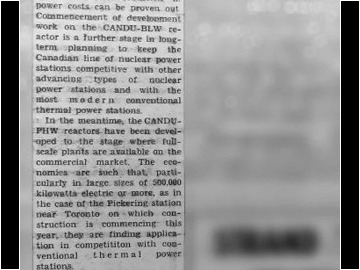 This clipping from the 12 May 1965 issue of the North Renfrew Times announces the formation of a new division at Power Projects to study the design of a CANDU-BLW reactor. 107-1000