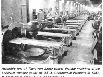 Yet another model from the Theratron series being assembled in Ottawa.
<br /><br />
Photo source and caption– AECL Review, March 1977 107-1000