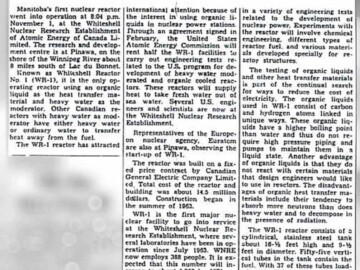The Lac du Bonnet-based Springfield News of 02 November 1965 announces that WR-1, Manitoba’s first nuclear reactor, reached criticality at 8:04 the previous day. 111-1000