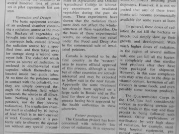 This clipping from the 27 June 1962 issue of the North Renfrew Times discusses the cobalt-60 based irradiator and the prospects of irradiation of various vegetables to inhibit sprouting thereby extending shelf life. 116-1000