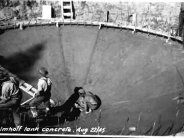 Construction of the Imhoff tank for sewage treatment on 22 August 1945. Photo Source – AECL. 1331000