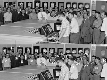 1. R.M. Pearce, 2. ?, 3. Bill Henderson, 4. Eugene Critoph, 5. David Keys, 6. Ed Grey, 7. Dave Hone, 8. George Laurence, 9. Don Stewart, 10. Gib James, 11. George Baines, 12. Harry Collins, 13. Don Hurst, 14. Fred Gilbert, 15. ?, 16. Art Ward, 17. John Hilborn, 18. ?, 19. ?, 20. John Inglis, 21. John Hueton, 22. ?, 23 ?, 24 Carmen Sandrelli, 25. ?, 26. Doug MacCready, 27. Colin Mawson, 28. Rene Dagenais, 29. ?, 30. Phil Tunnicliffe NRU Startup, November, 1957