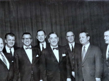 Dr. D.G. Hurst, G.R. Matteau and D.J. Robertson attended a dinner in Ottawa, March 20, to mark 25 years of service with Atomic Energy of Canada Limited or its predecessors in the Canadian atomic energy program. For Dr. Hurst it was also a leave-taking as he left the company to head the Atomic Energy Control Board”. The attendees (L-R) were: S. E. Lipin, C.C. Kennedy, D.J. Robertson, D. Watson, J.L. Gray, D.G. Hurst, G.R. Matteau, W.B. Lewis. Long Service Recognition Dinner, 1970