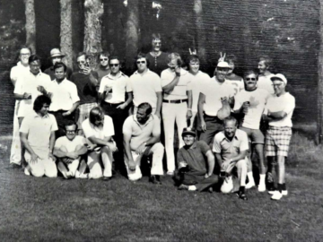 Back Row: George Taylor, ?, ?, Vince Urbanic, Frank Gravelle, Frank Gravelle(with fingers) Middle Row: ?, Bala Balakrishnan, Bill Holtslander, Derek Lister, Artie Leach (??), Ed Mutterback, Paul Denault, Eric LeSurf, Bob Campbell, Merv Allison Front Row: Raj Patania, Leo Buckley, Joe Senohrabek, Rod Jones, Ed McVey, Floyd Miller Bldg. 250 Golf Tournament, July, 1974