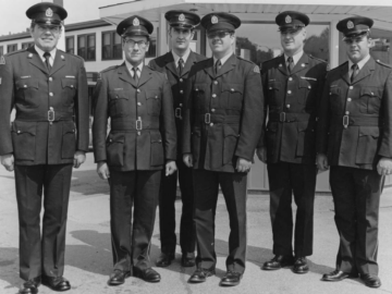 (L-R): Henry Perkins, Oswald Paquette, Charlie Ladouceur, Barry Voegtle, Ames Barclay, Eldon Bresseau CRL Security Officers, June, 1977